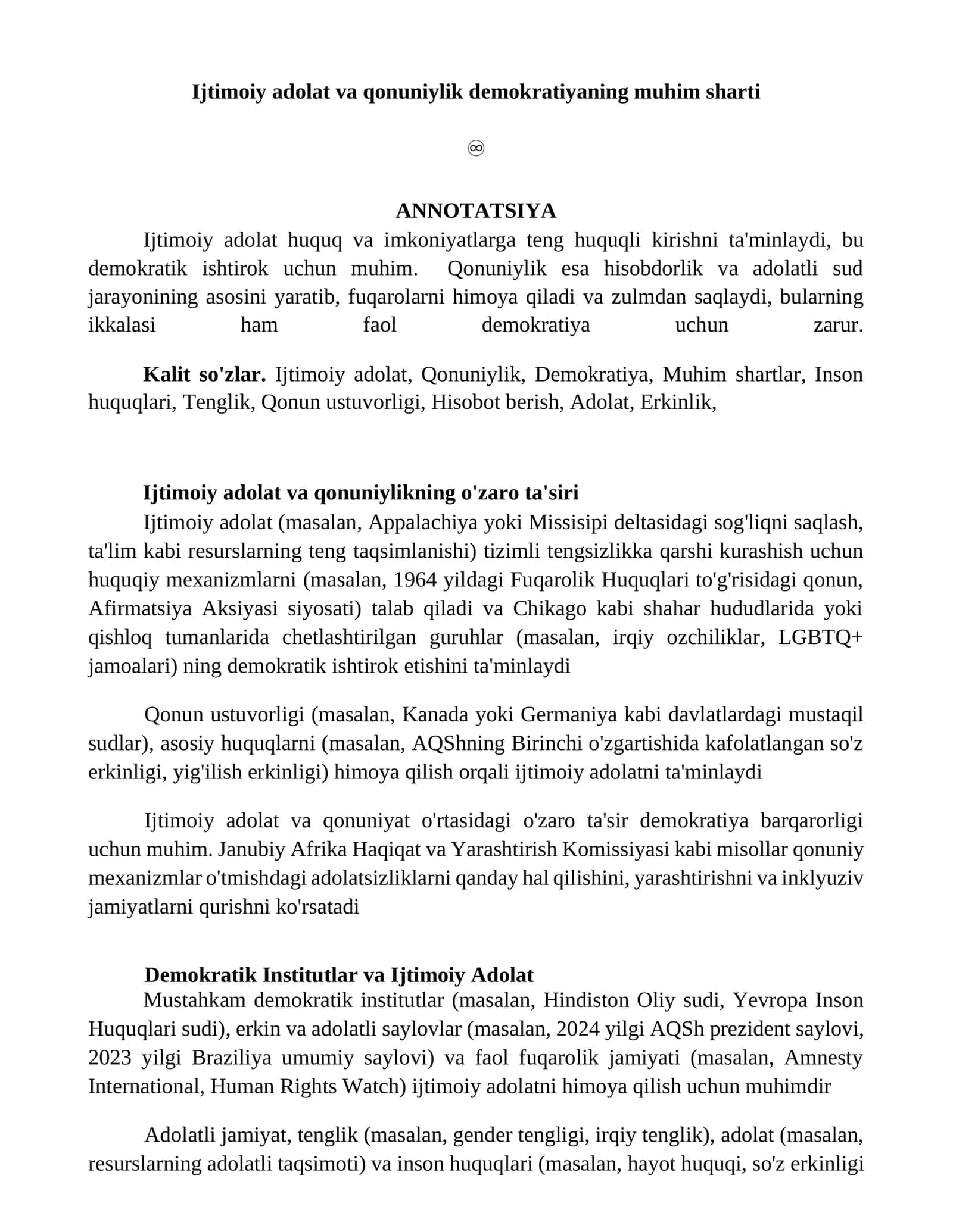Ijtimoiy adolat va qonuniylik demokratiyaning muhim sharti