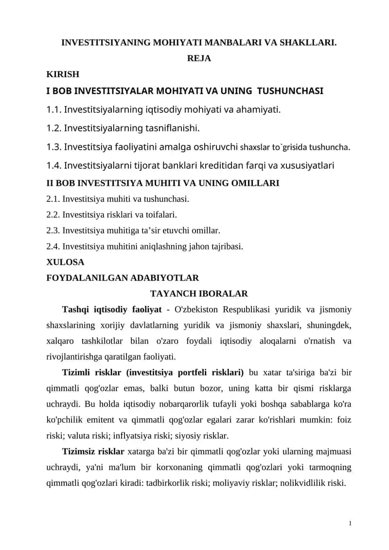 INVESTITSIYANING MOHIYATI MANBALARI VA SHAKLLARI
