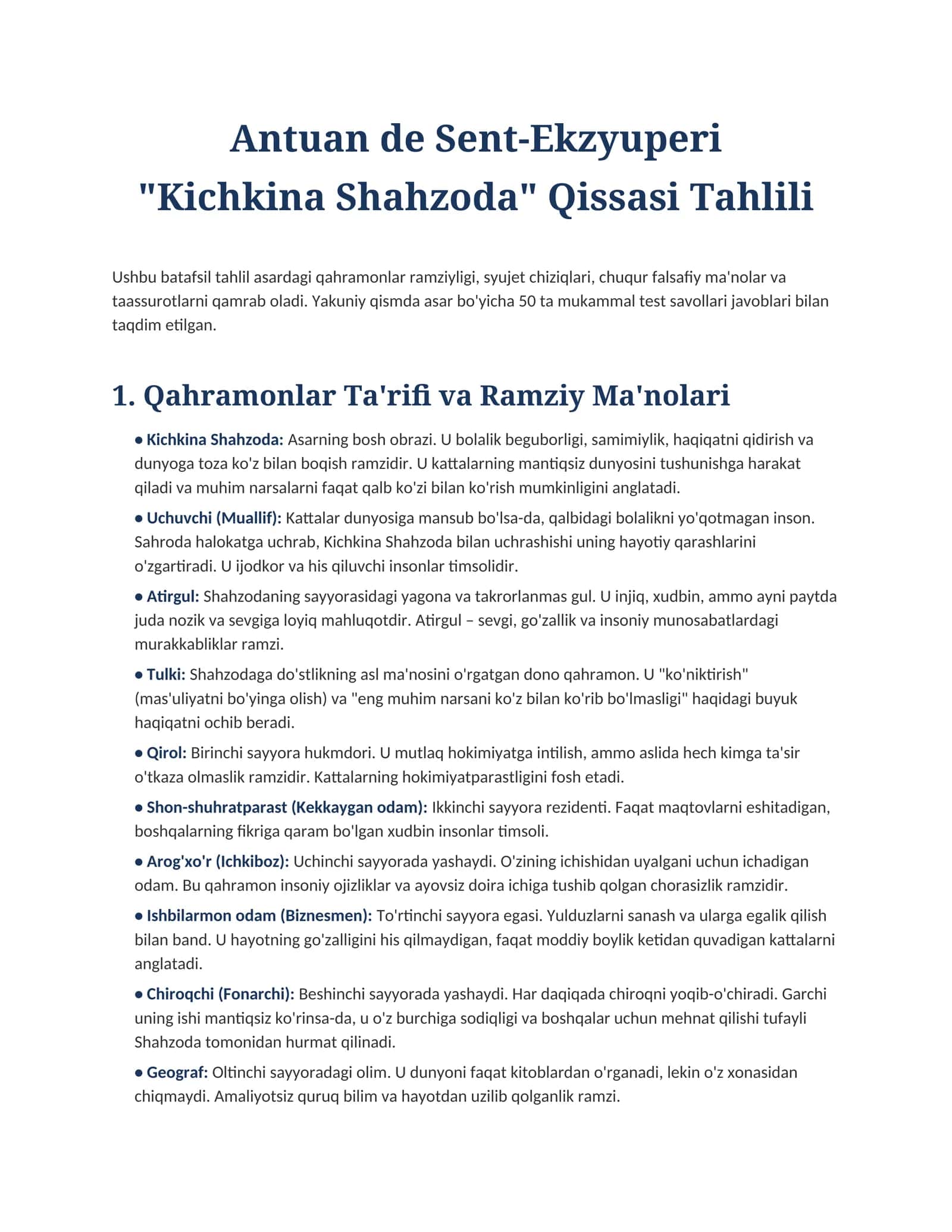 "Kichkina Shahzoda" Qissasi Tahlili
