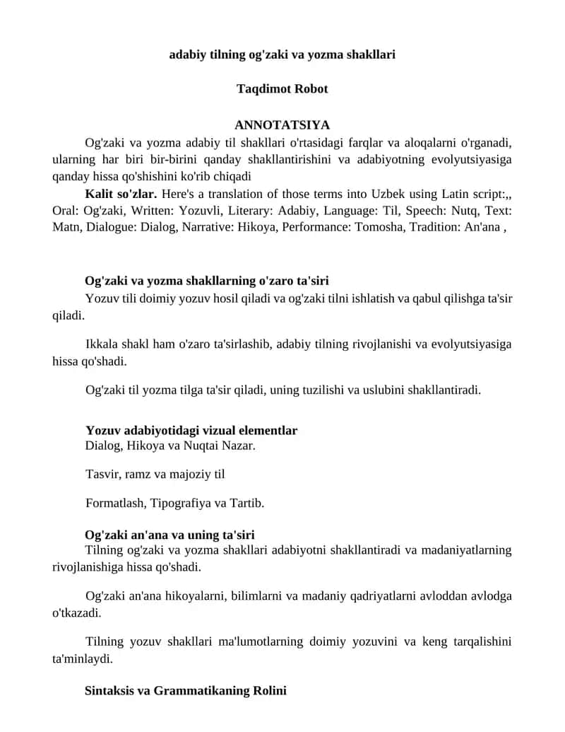 Og'zaki va yozma adabiy til shakllari