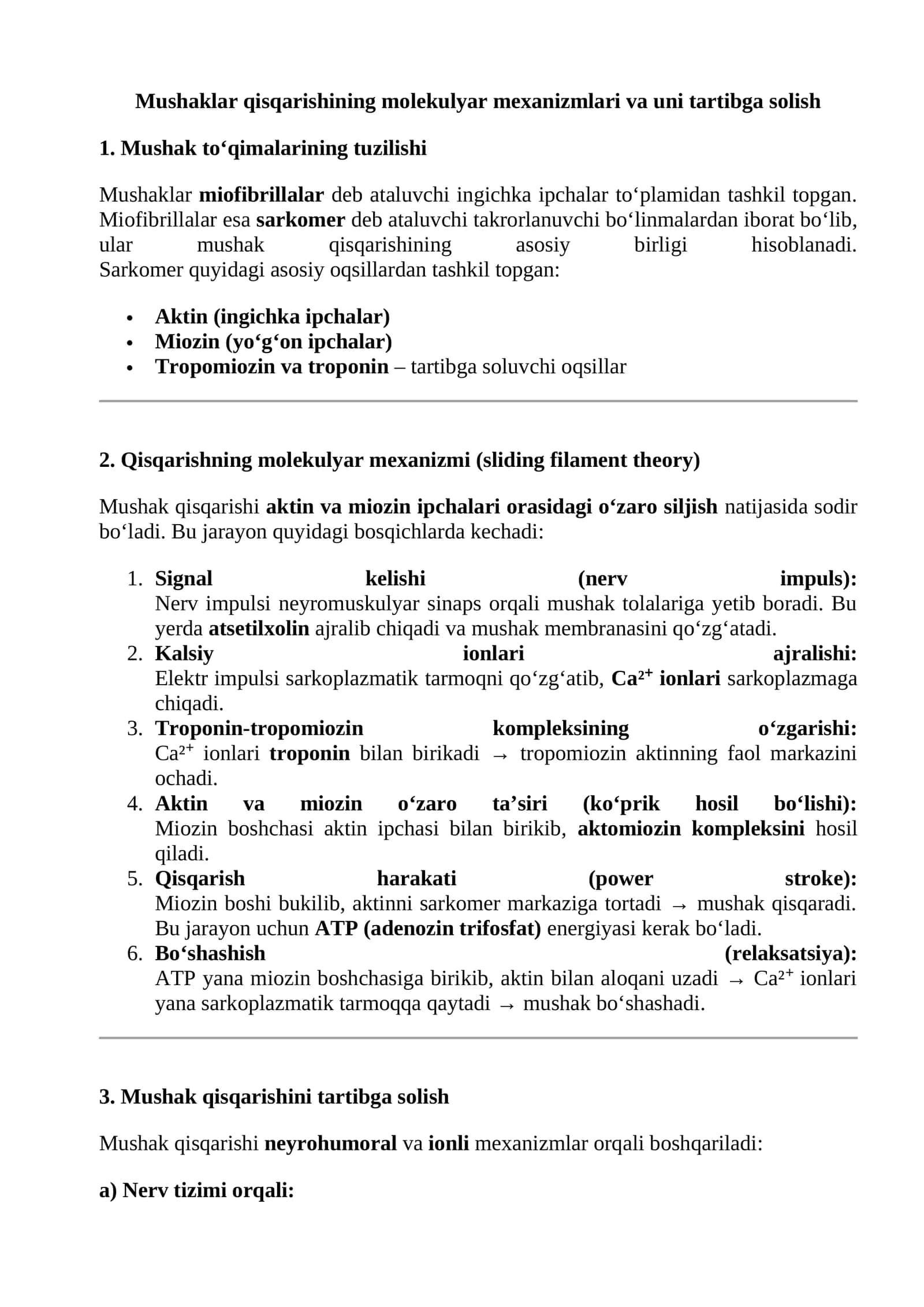 Mushaklar qisqarishining molekulyar mexanizmlari va uni tartibga solish