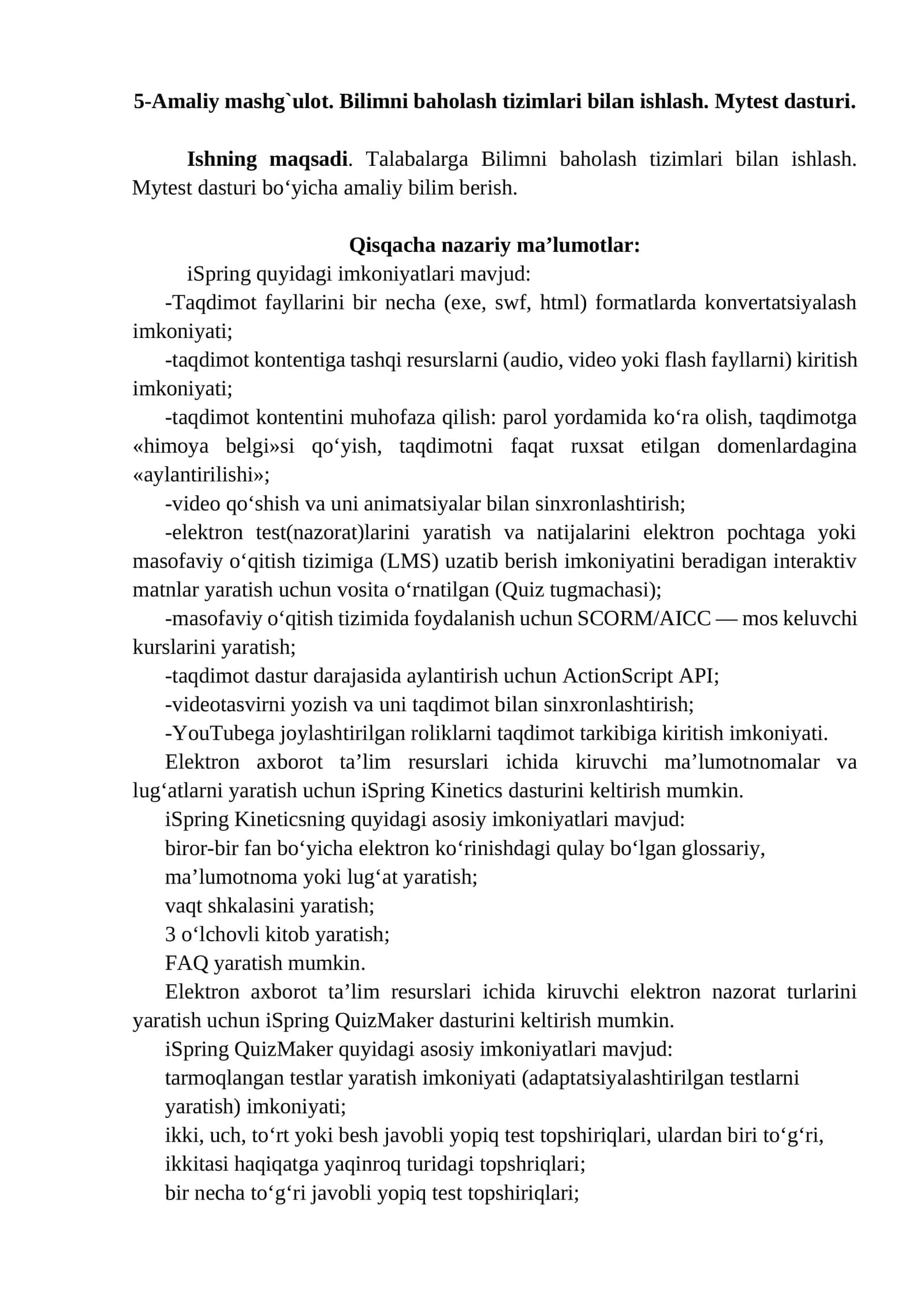 5-Amaliy mashg`ulot. Bilimni baholash tizimlari bilan ishlash. Mytest dasturi