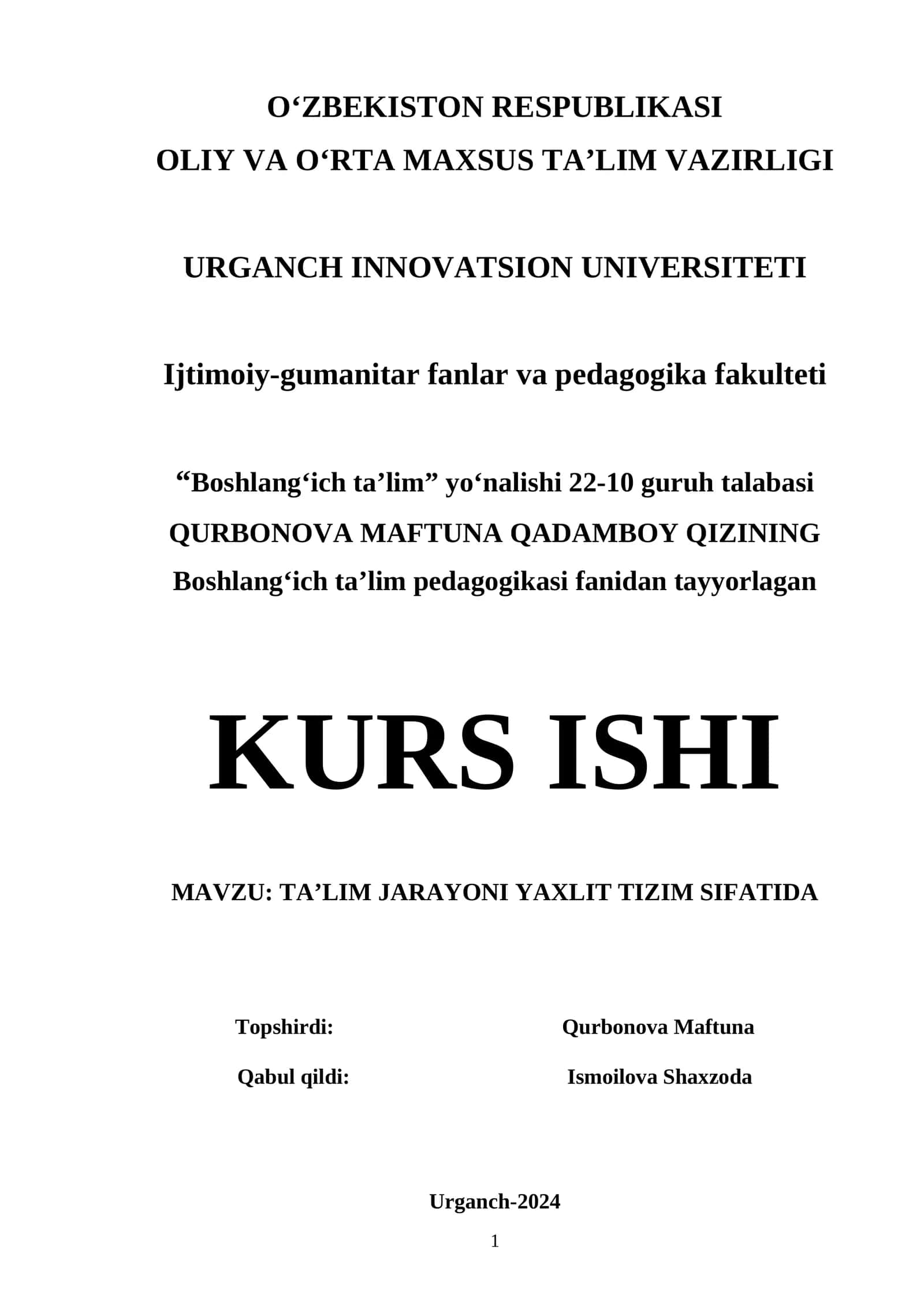 TA’LIM JARAYONI YAXLIT TIZIM SIFATIDA