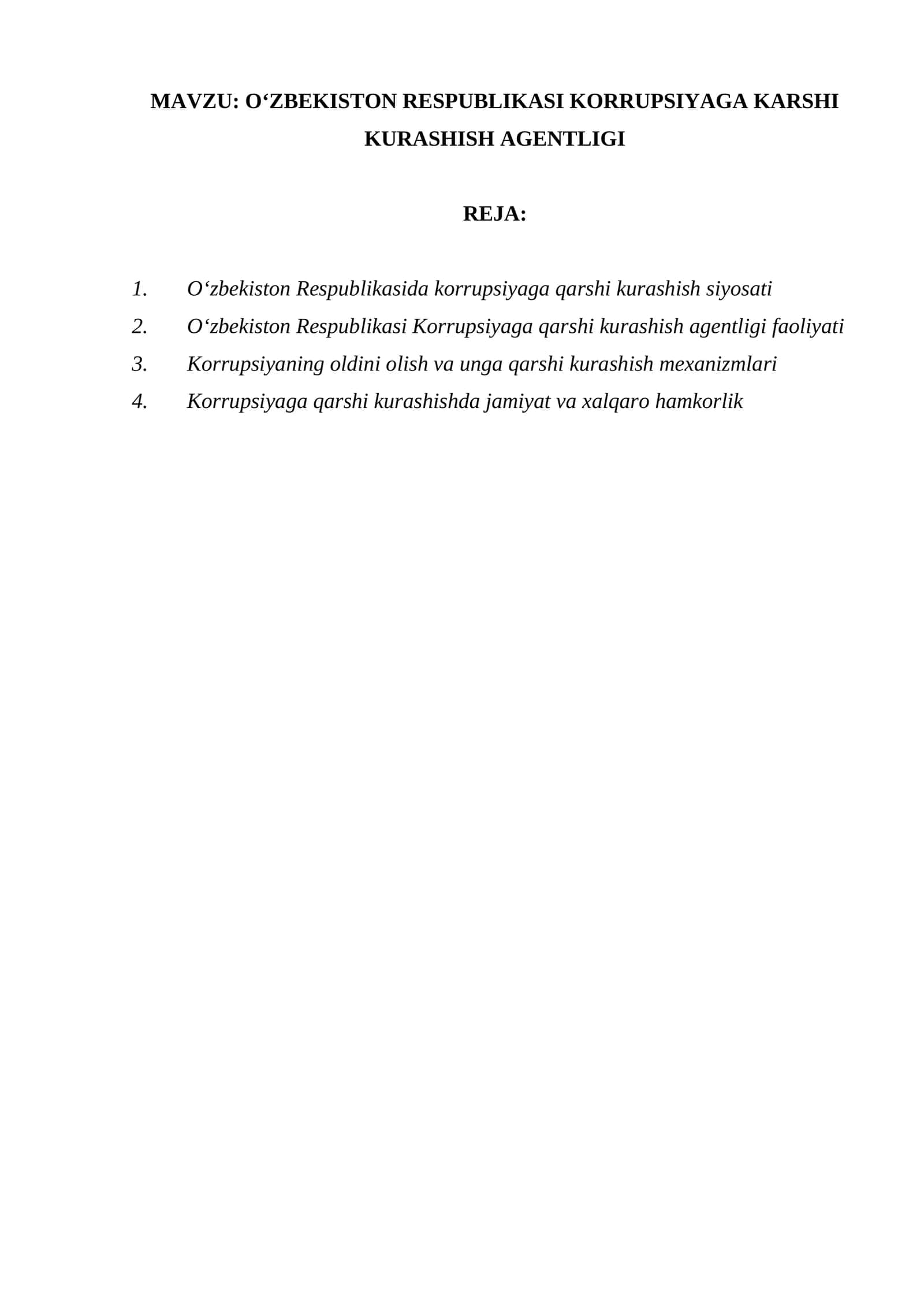 O‘ZBEKISTON RESPUBLIKASI KORRUPSIYAGA KARSHI KURASHISH AGENTLIGI