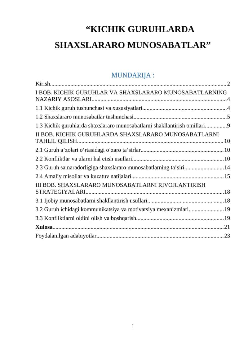 KICHIK GURUHLARDA SHAXSLARARO MUNOSABATLAR