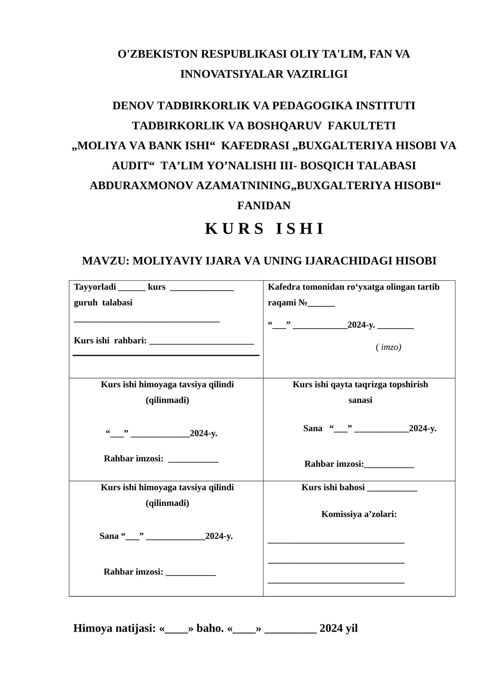 MOLIYAVIY IJARA VA UNING IJARACHIDAGI HISOBI