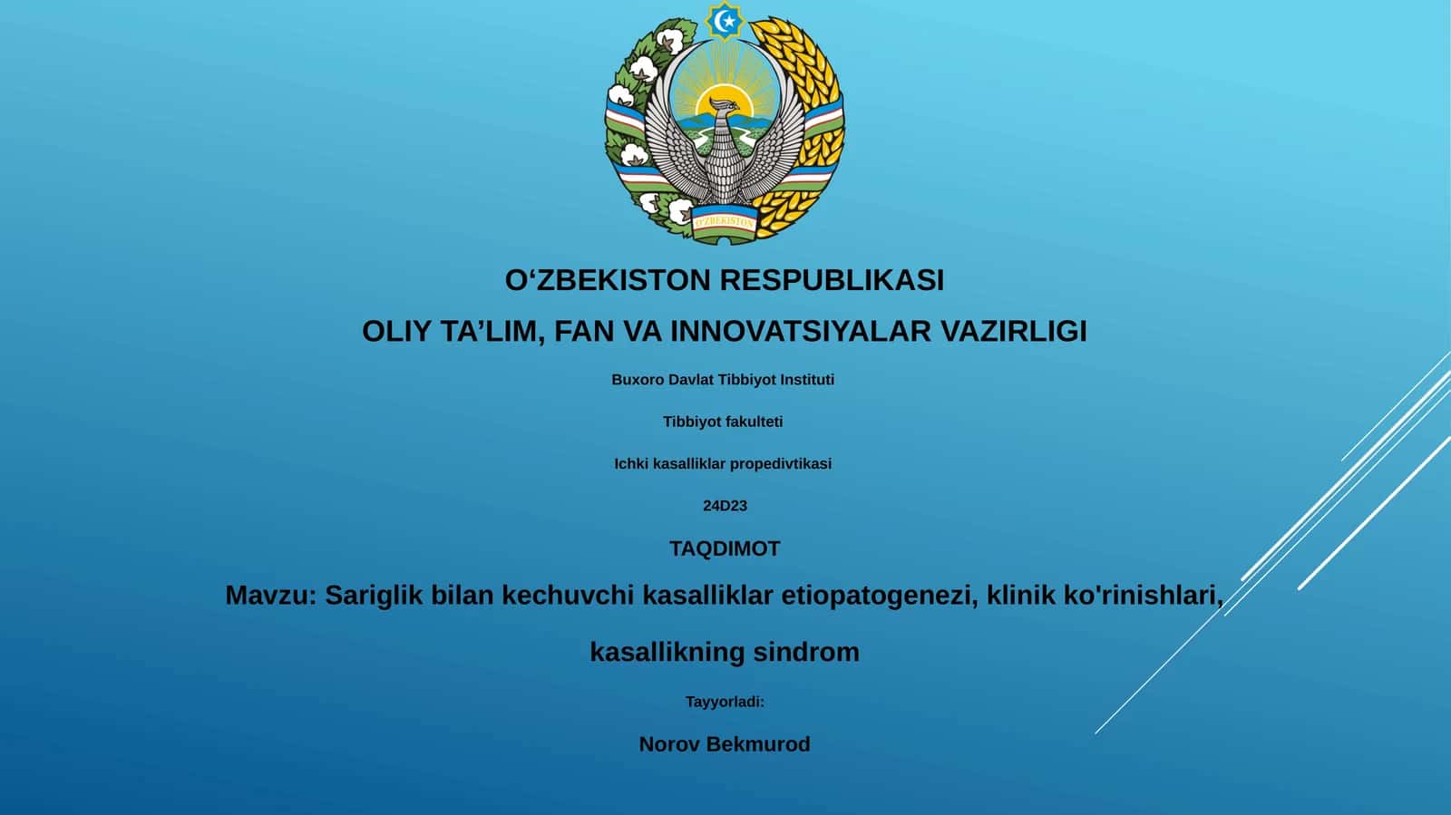 Sariglik bilan kechuvchi kasalliklar etiopatogenezi, klinik ko'rinishlari, kasallikning sindrom