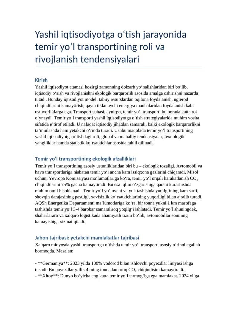 Temir yo‘l transportining roli va rivojlanish tendensiyalari