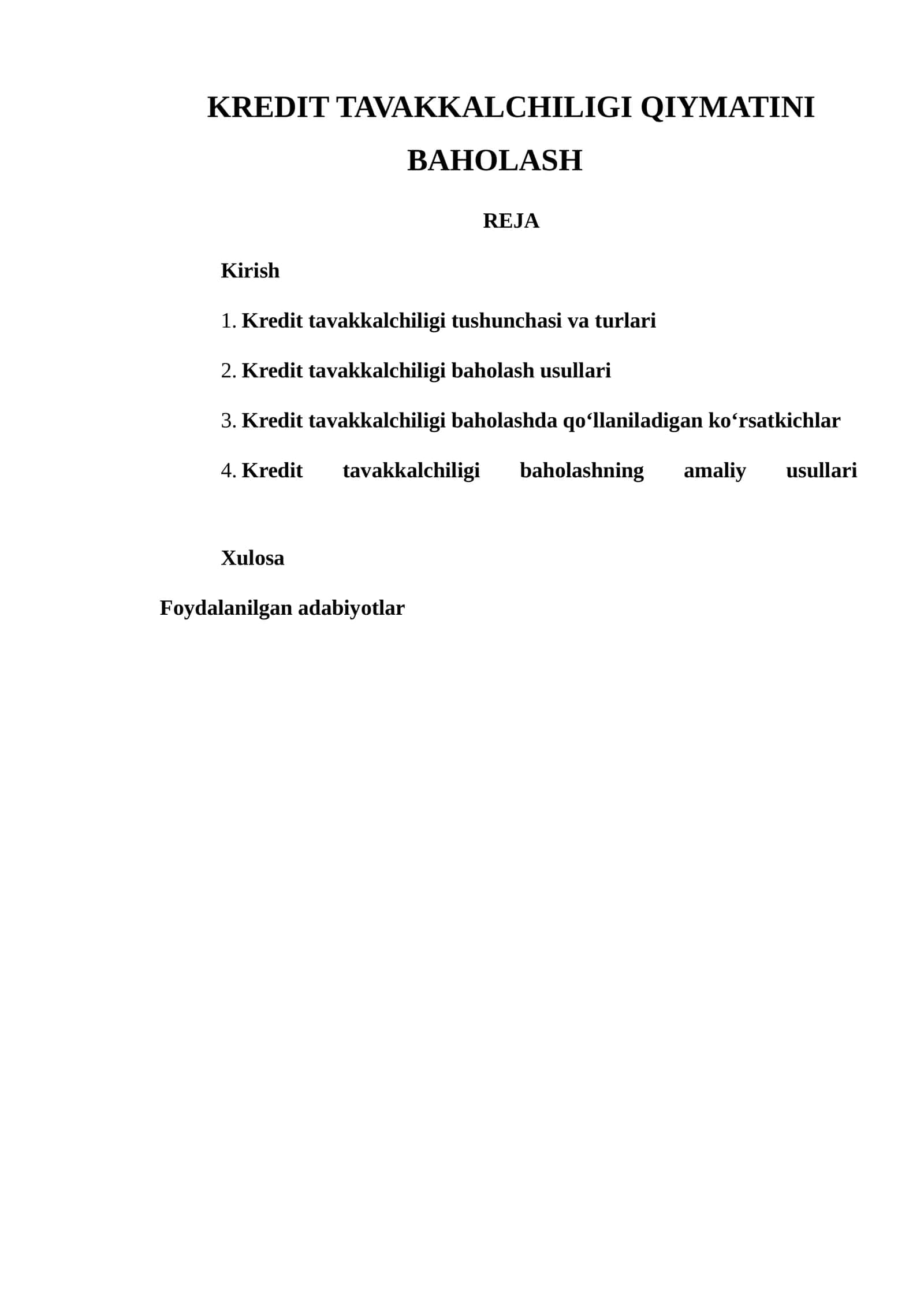 KREDIT TAVAKKALCHILIGI QIYMATINI BAHOLASH