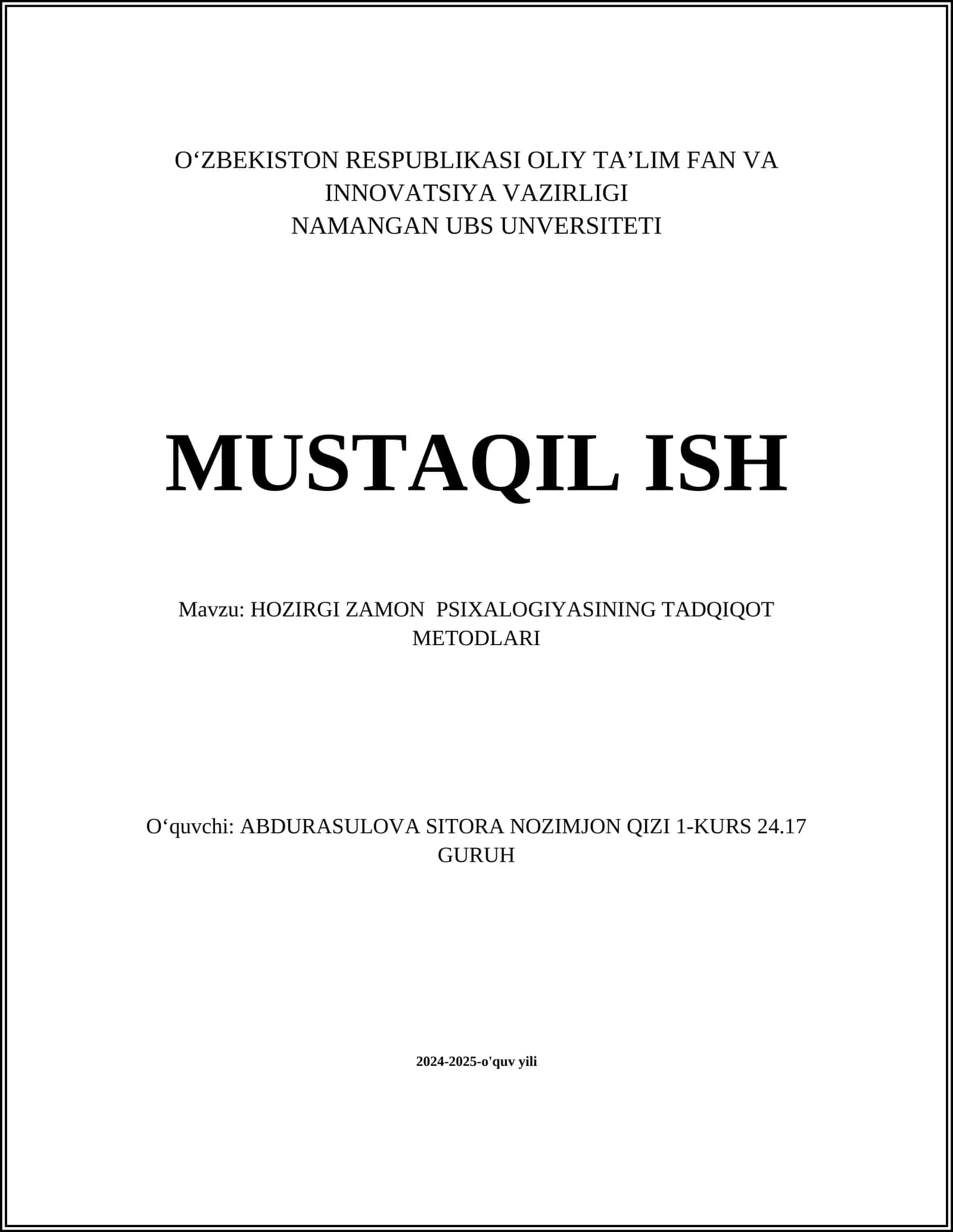 HOZIRGI ZAMON PSIXALOGIYASINING TADQIQOT METODLARI