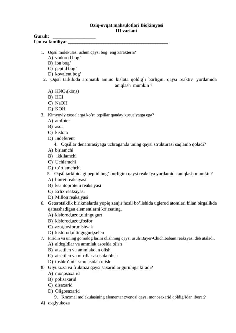 Oziq-ovqat mahsulotlari Biokimyosi III variant