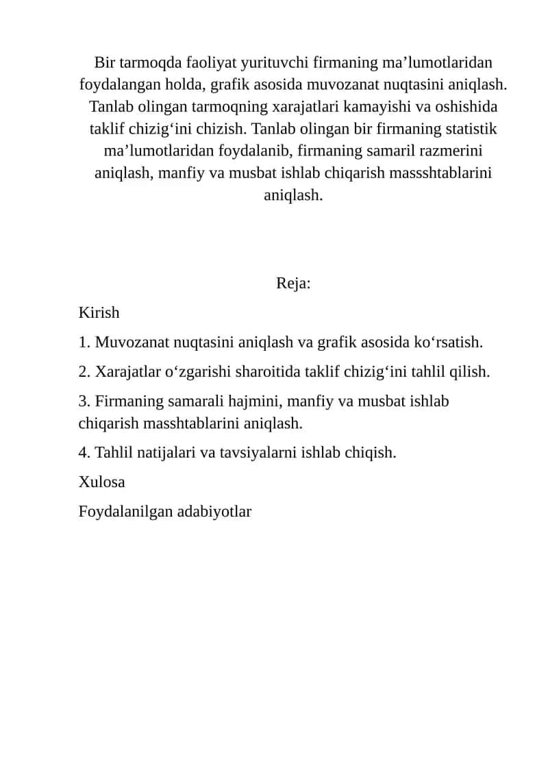 Muvozanat Nuqtasini Aniqlash va Grafik Ko'rsatish