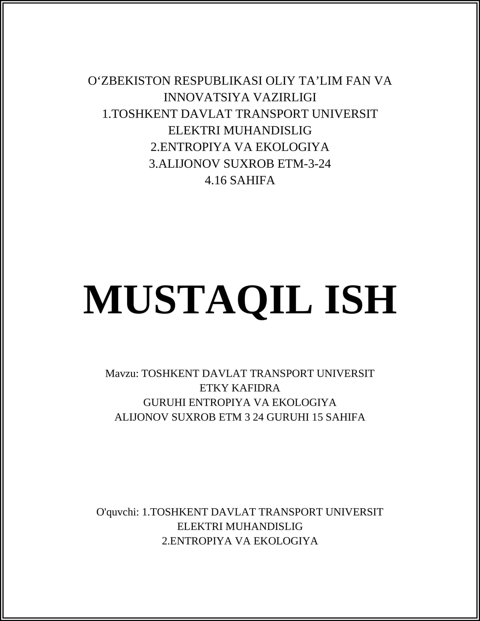 TOSHKENT DAVLAT TRANSPORT UNIVERSIT