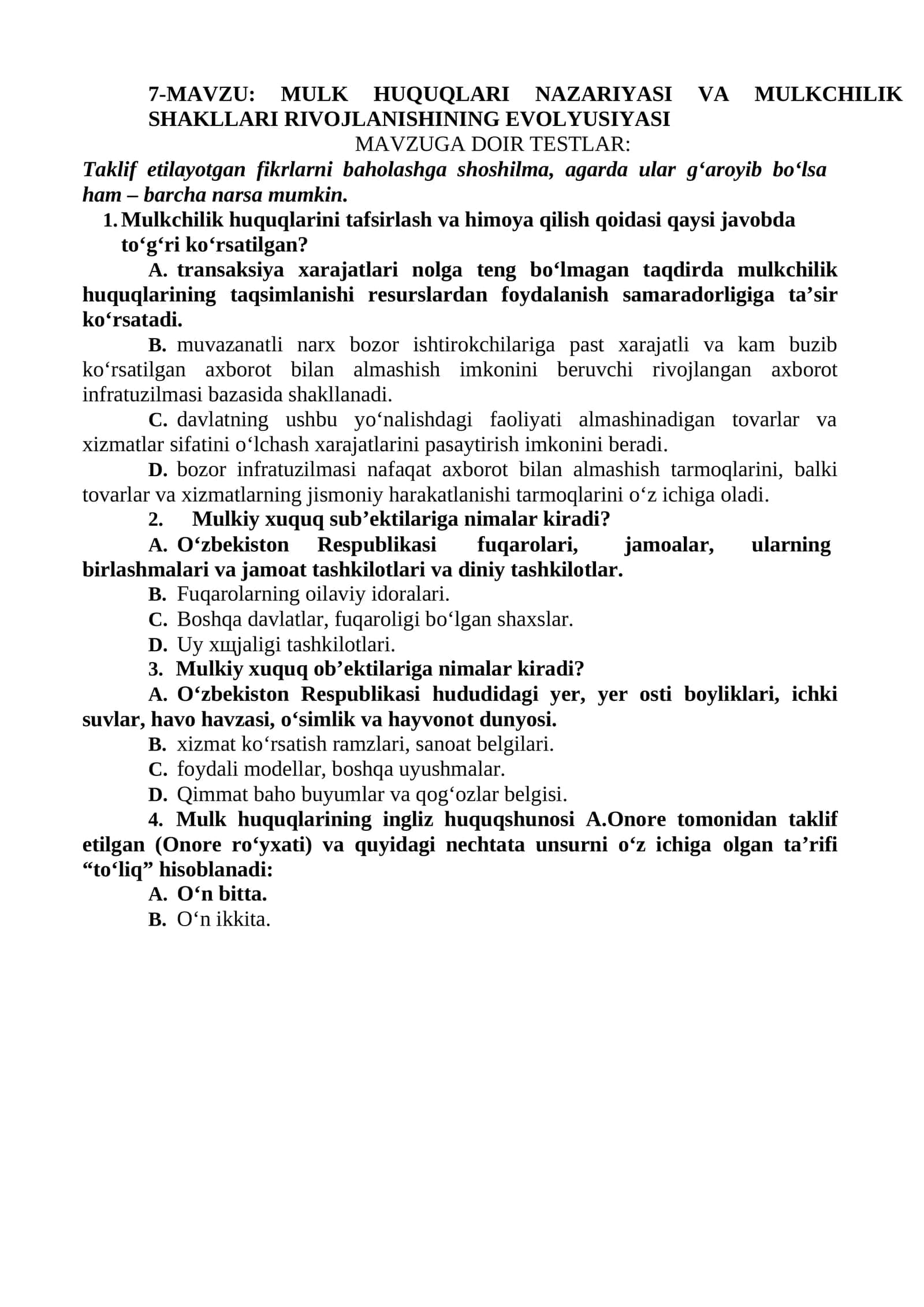 MULK HUQUQLARI NAZARIYASI VA MULKCHILIK SHAKLLARI RIVOJLANISHINING EVOLYUSIYASI