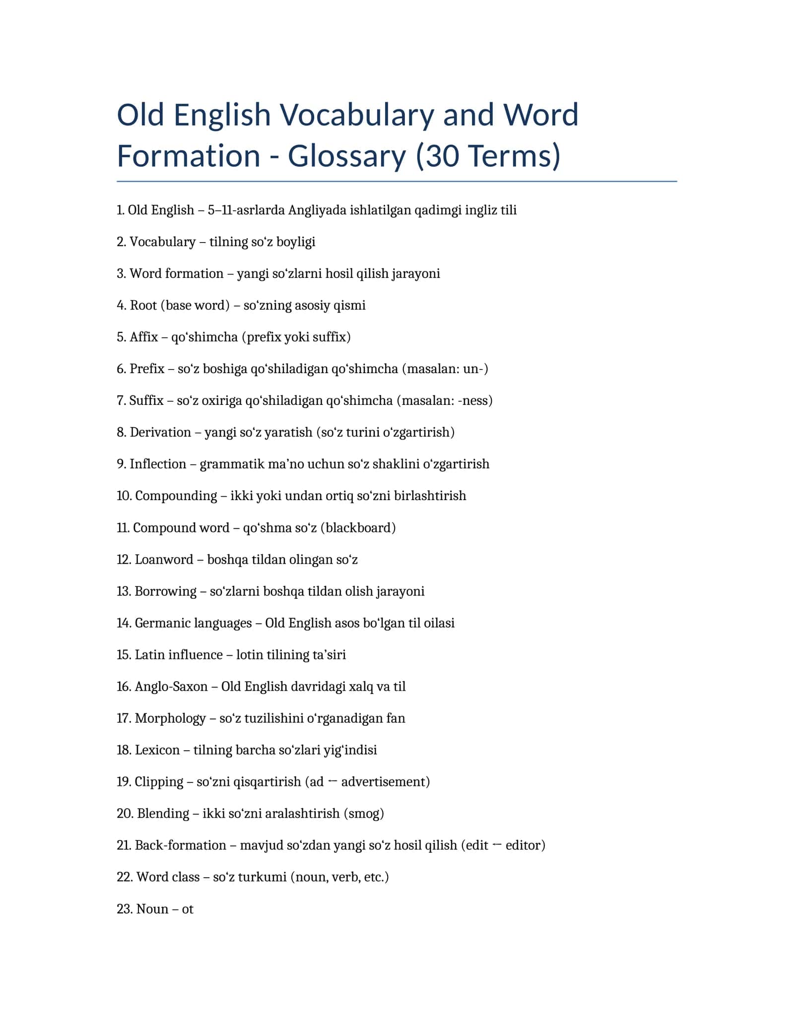 Old English Vocabulary and Word Formation - Glossary (30 Terms)
