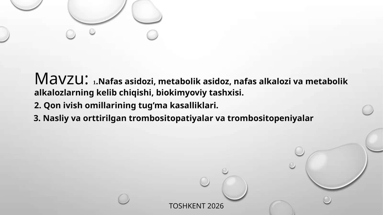 Nafas asidozi, metabolik asidoz, nafas alkalozi va metabolik alkalozlarning kelib chiqishi, biokimyoviy tashxisi. Qon ivish omillarining tug’ma kasalliklari. Nasliy va orttirilgan trombositopatiyalar va trombositopeniyalar