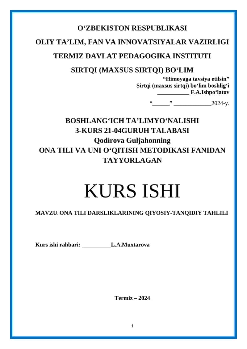 ONA TILI VA UNI O‘QITISH METODIKASI FANIDAN TAYYORLAGAN