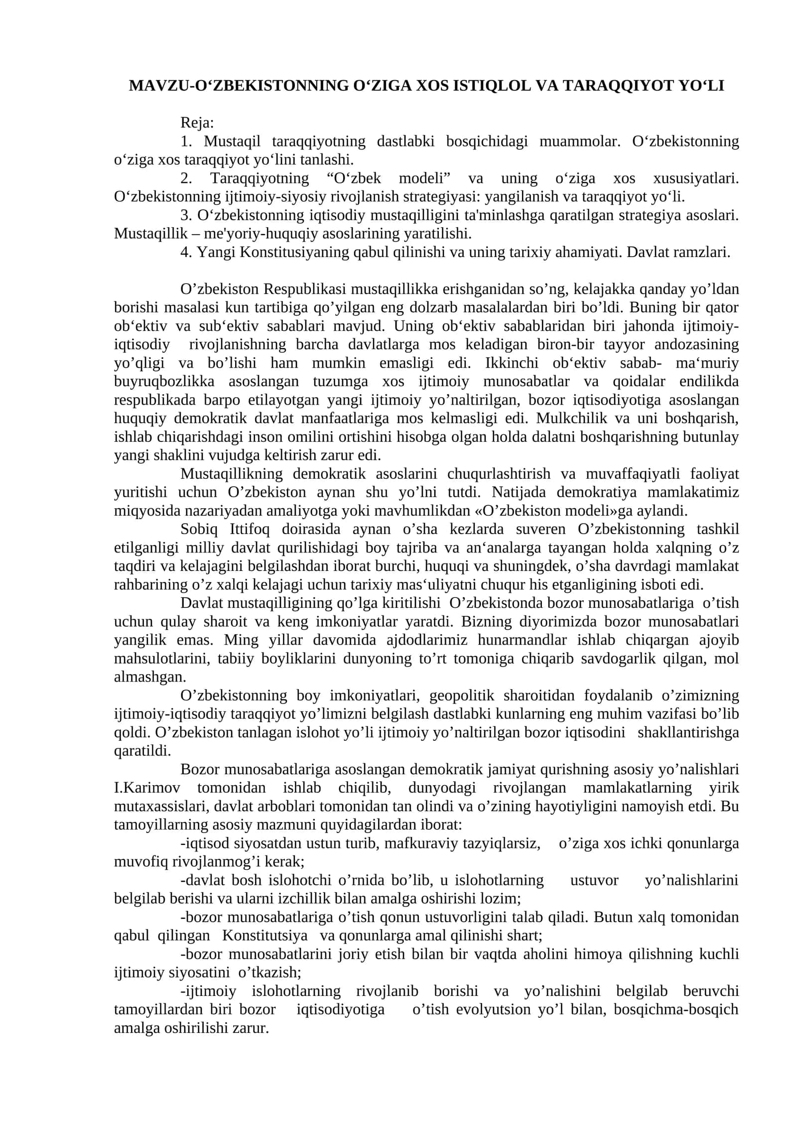O‘zbekistoning O‘ziga Xos Istiqlol va Taraqqiyot Yo‘li