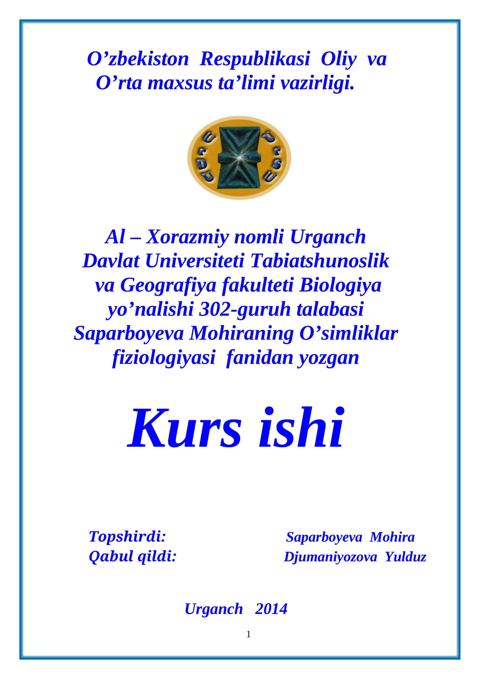O’simliklar fiziologiyasi fanidan yozgan Kurs ishi