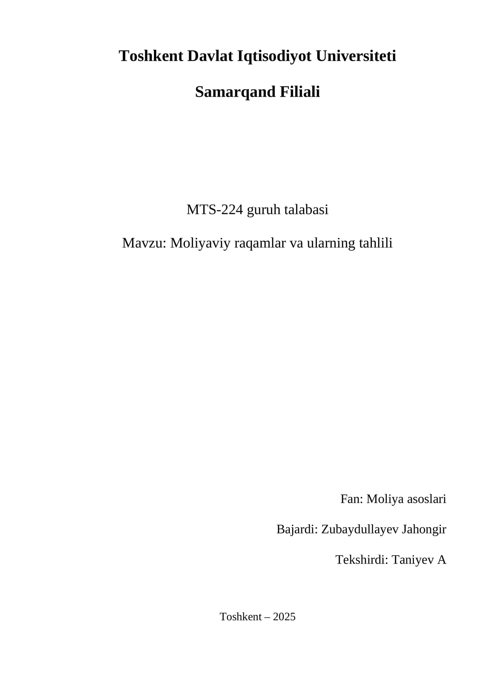 Moliyaviy raqamlar va ularning tahlili