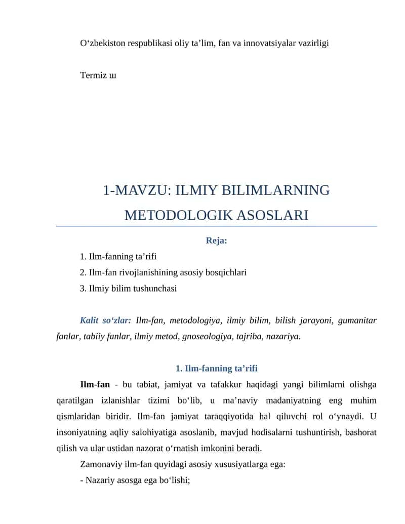 ILMIY BILIMLARNING METODOLOGIK ASOSLARI