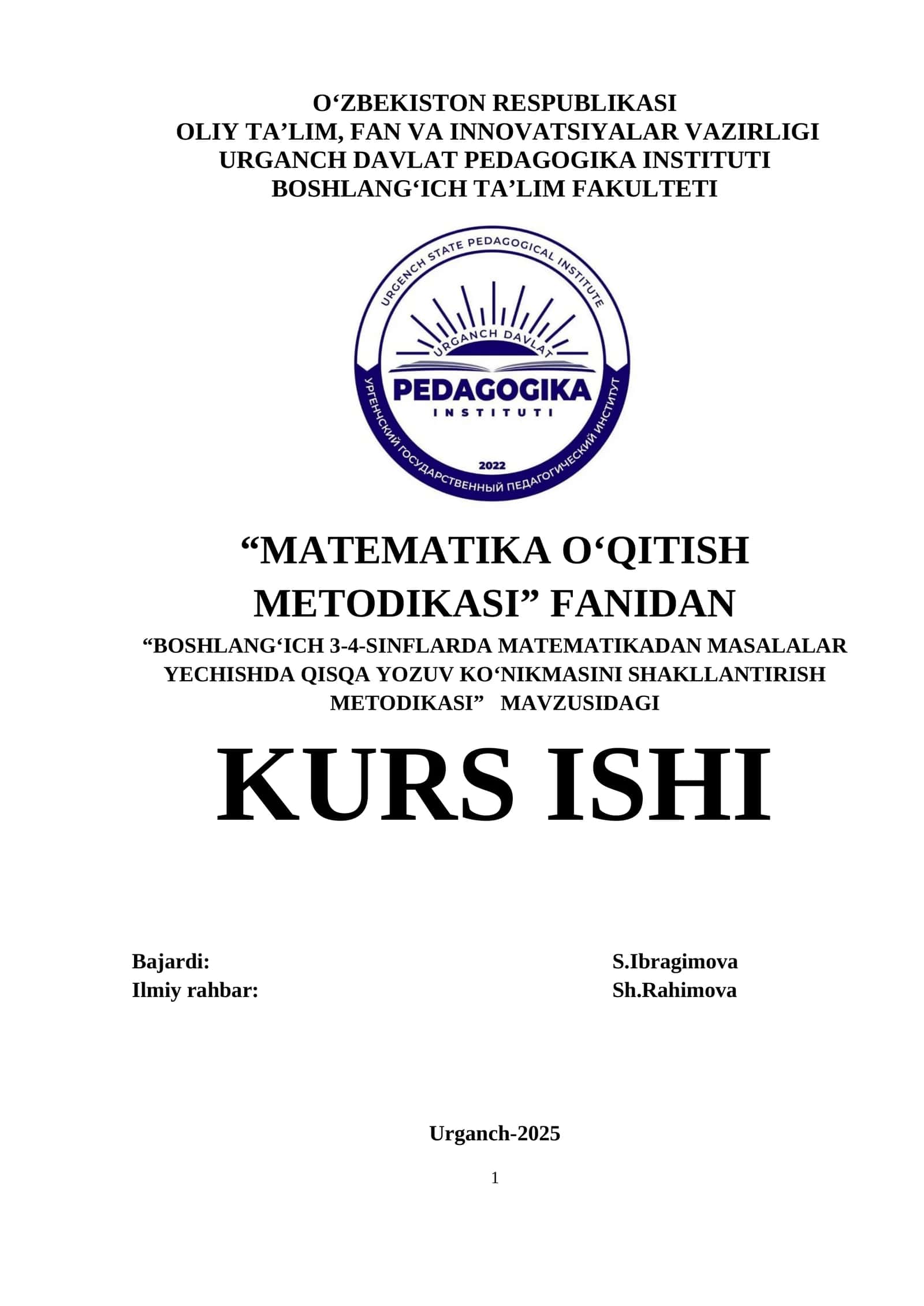 Boşlang‘ich 3-4-sinflarda matematikadan masalalar yechishda qisqa yozuv koʻnikmasini shakllantirish metodikasi