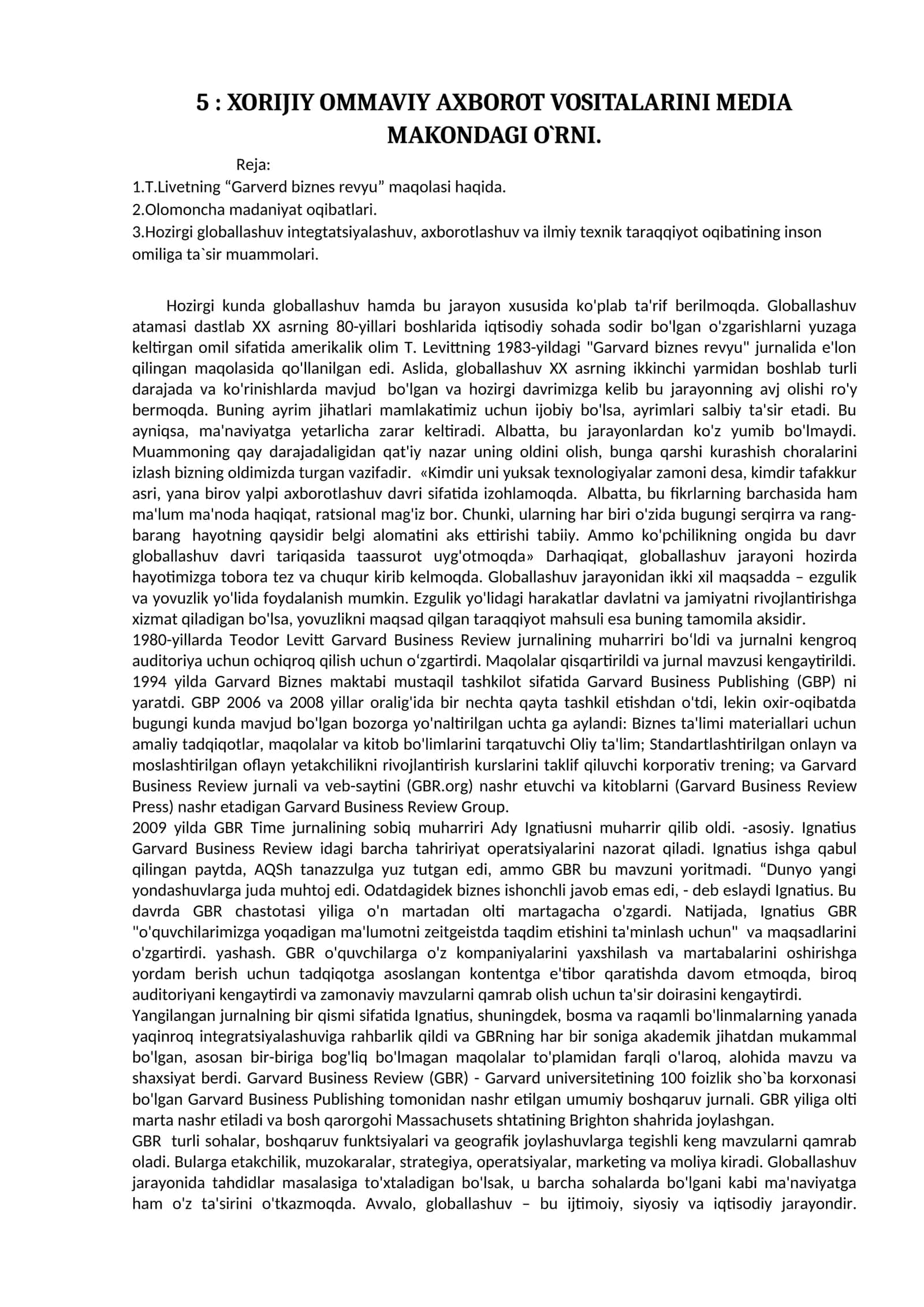 XORIJIY OMMAVIY AXBOROT VOSITALARINI MEDIA MAKONDAGI O`RNI
