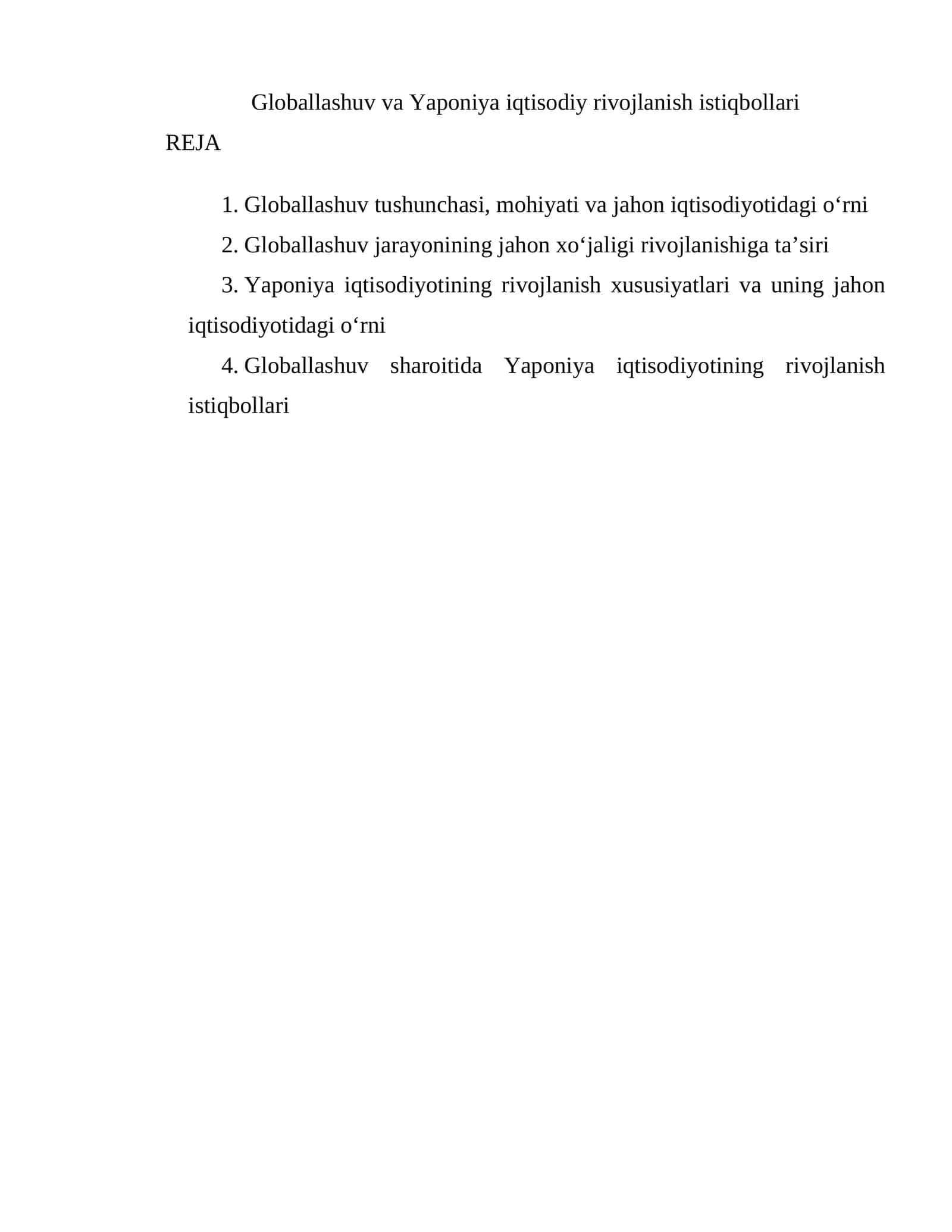 Globallashuv va Yaponiya iqtisodiy rivojlanish istiqbollari