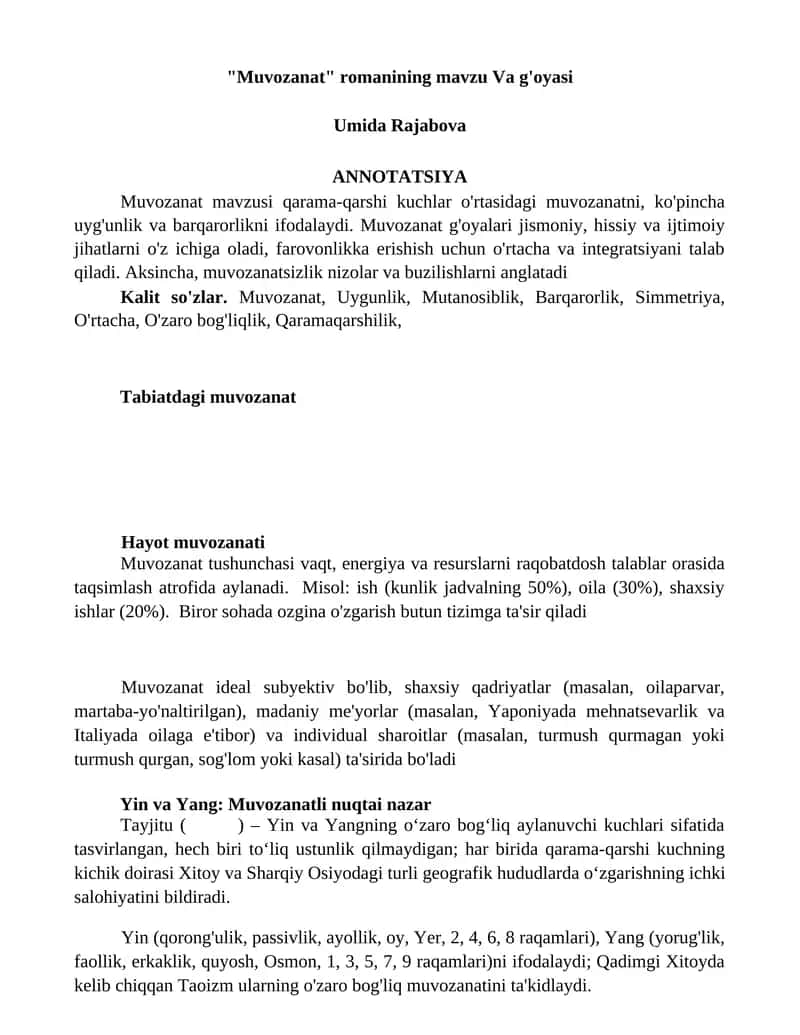 "Muvozanat" romanining mavzu Va g'oyasi