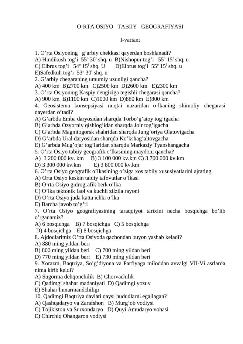 O’RTA OSIYO TABIIY GEOGRAFIYASI I-variant