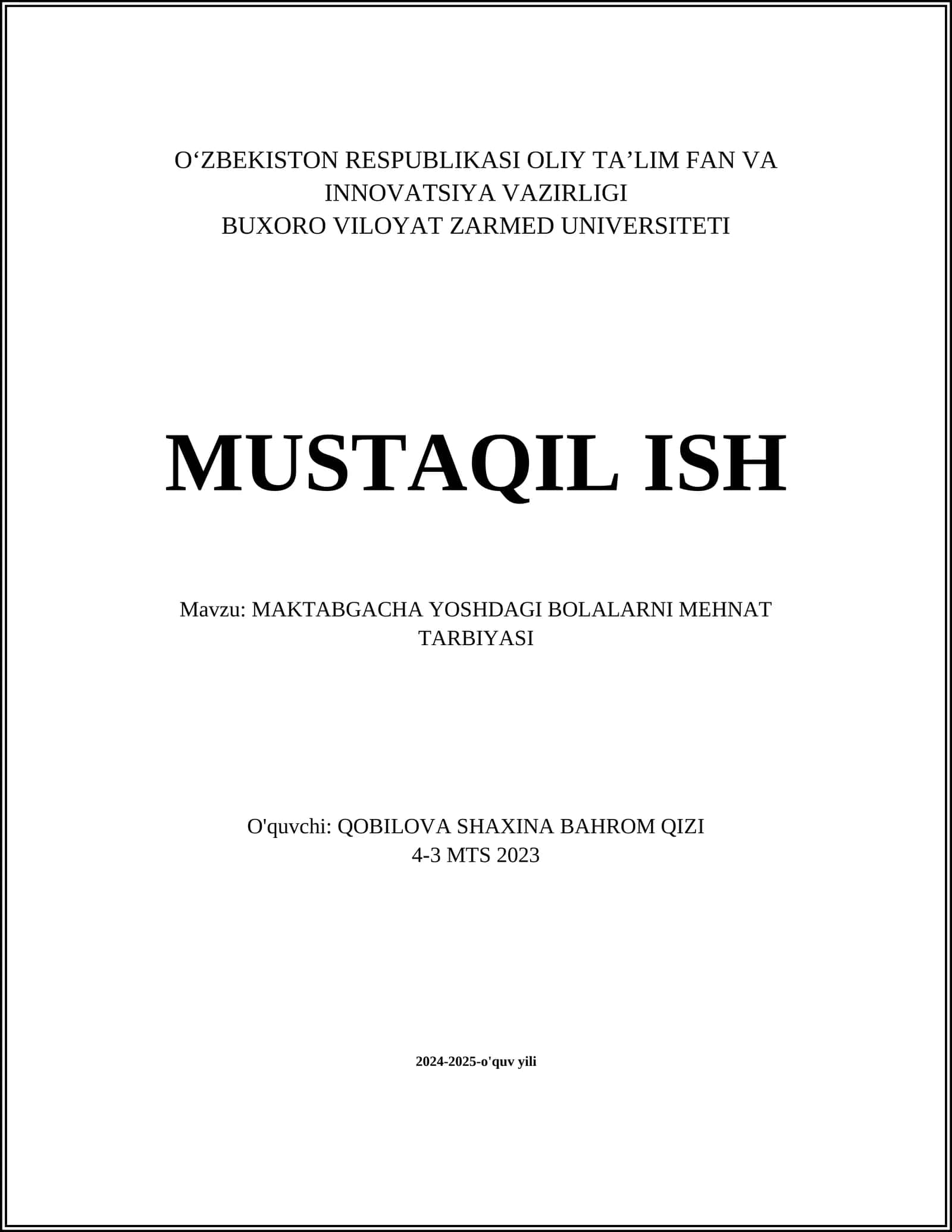 MAKTABGACHA YOSHDAGI BOLALARNI MEHNAT TARBIYASI