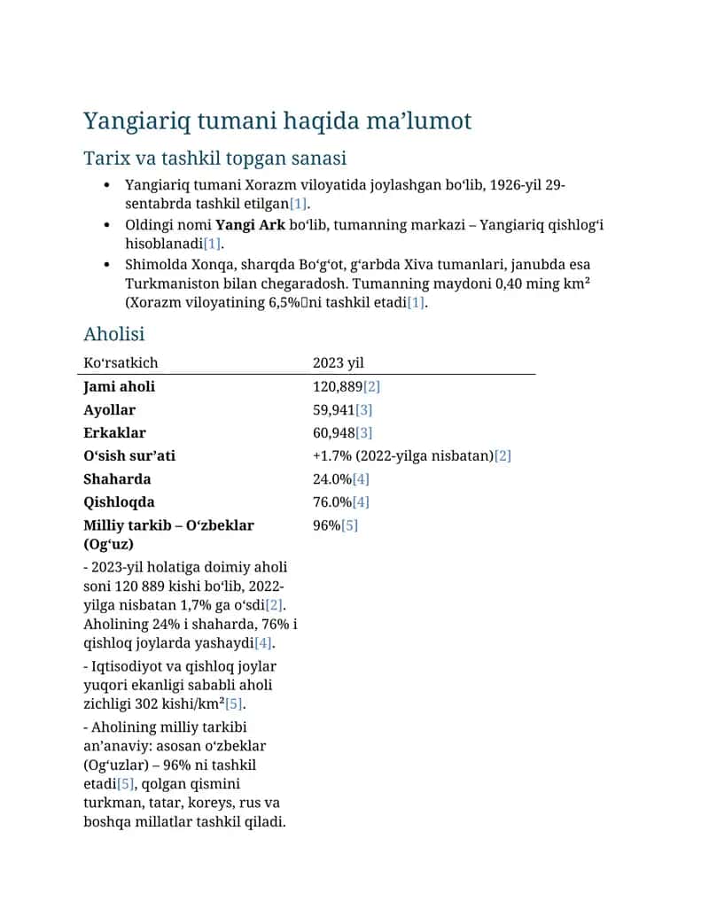 Yangiariq tumani haqida ma’lumot