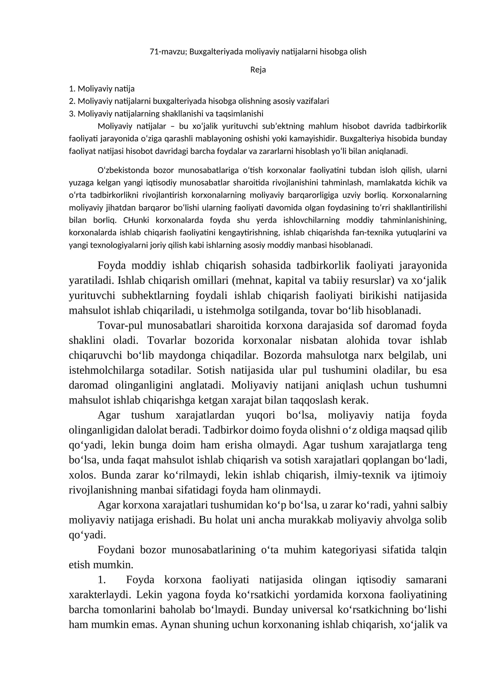 Buxgalteriyada moliyaviy natijalarni hisobga olish