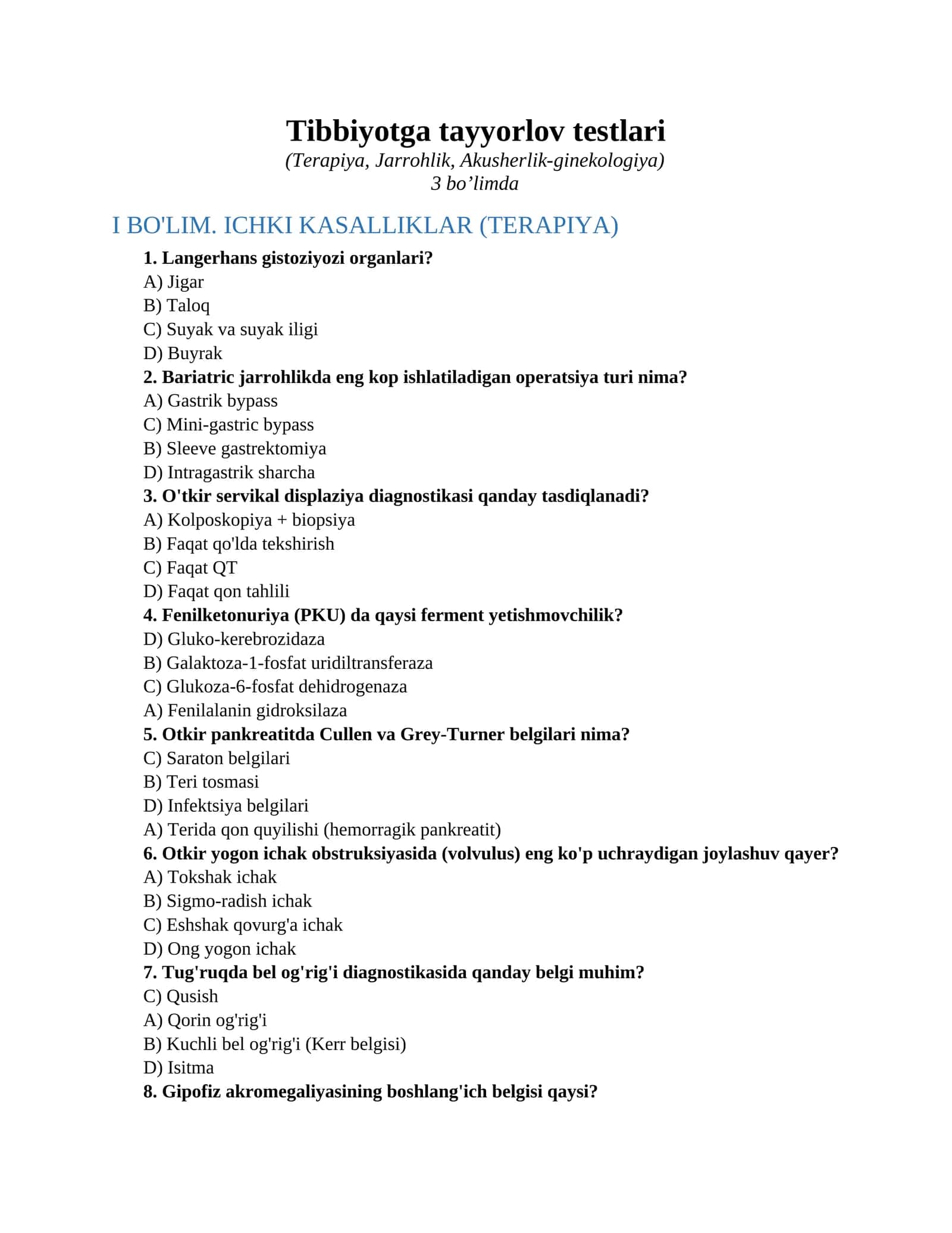 Tibbiyotga tayyorlov testlari