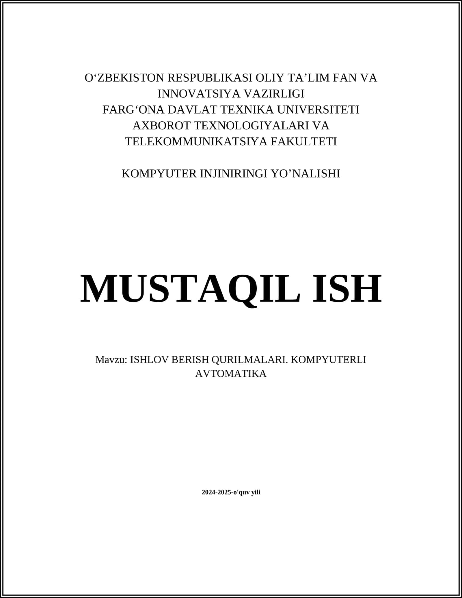 ISHLOV BERISH QURILMALARI. KOMPYUTERLI AVTOMATIKA