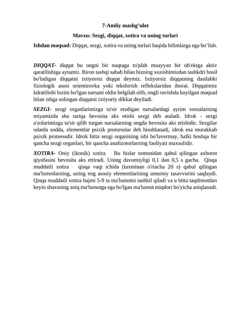Sezgi, diqqat, xotira va uning turlari