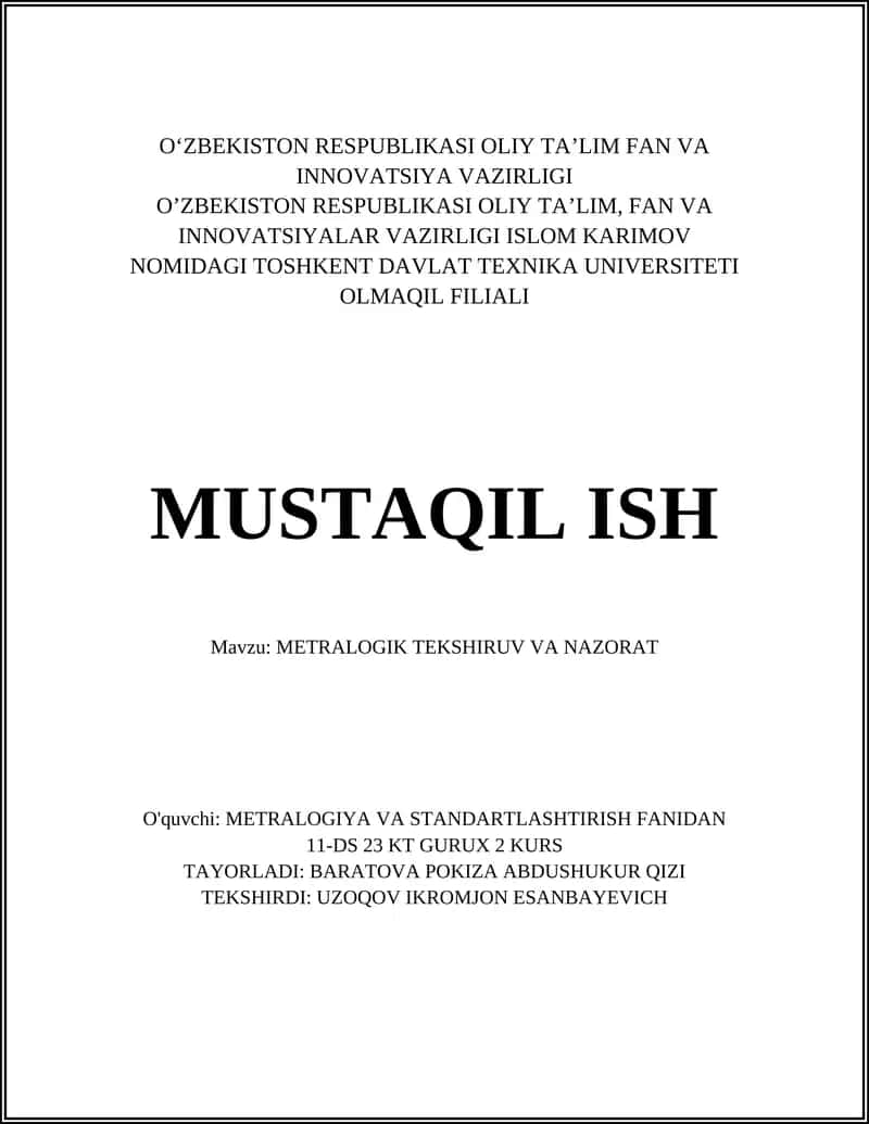 METRALOGIK TEKSHIRUV VA NAZORAT