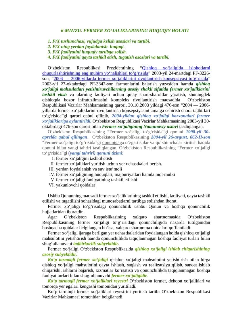 Fermer xo‘jaliklarining huquqiy holati
