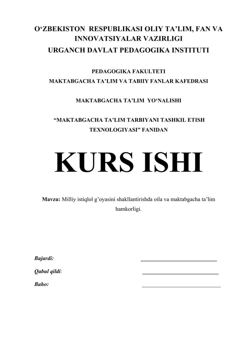 "MAKTABGACHA TA’LIM TARBIYANI TASHKIL ETISH TEXNOLOGIYASI"