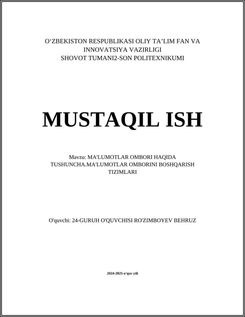MA'LUMOTLAR OMBORI HAQIDA TUSHUNCHA