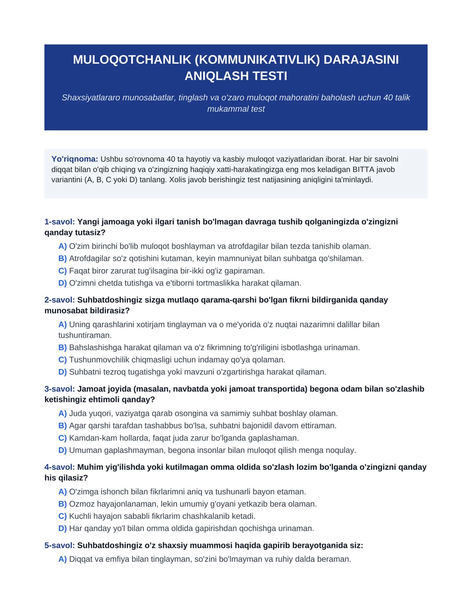 Muloqotchanlikning darajasini aniqlash uchun 4o ta test javoblari bilan