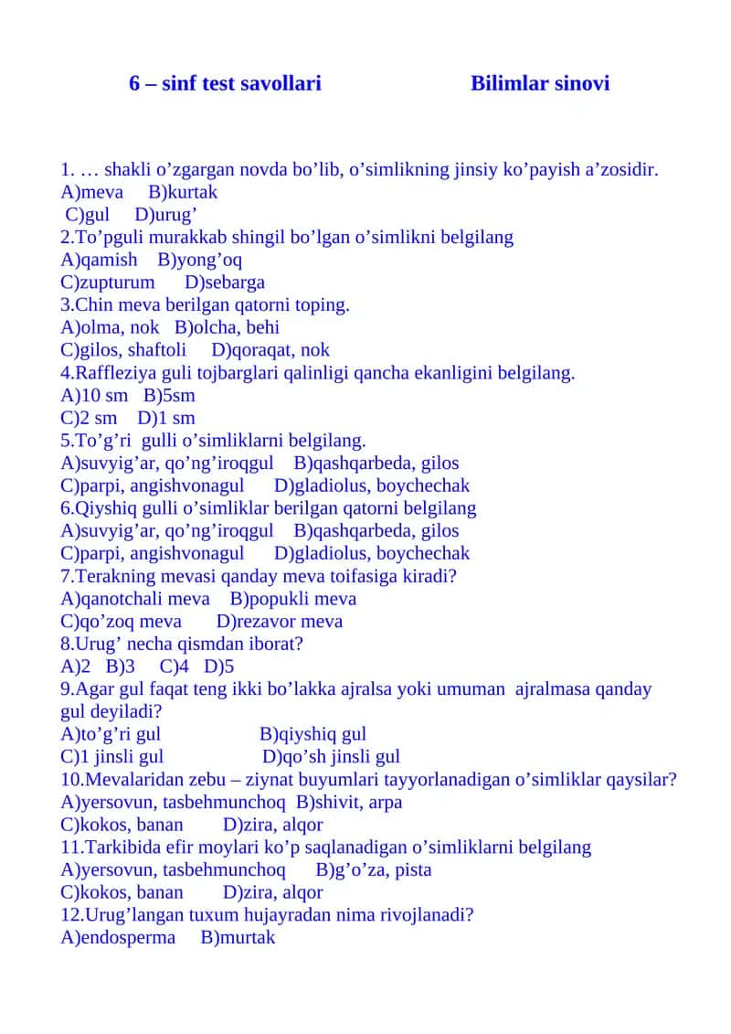6 – sinf test savollari Bilimlar sinovi