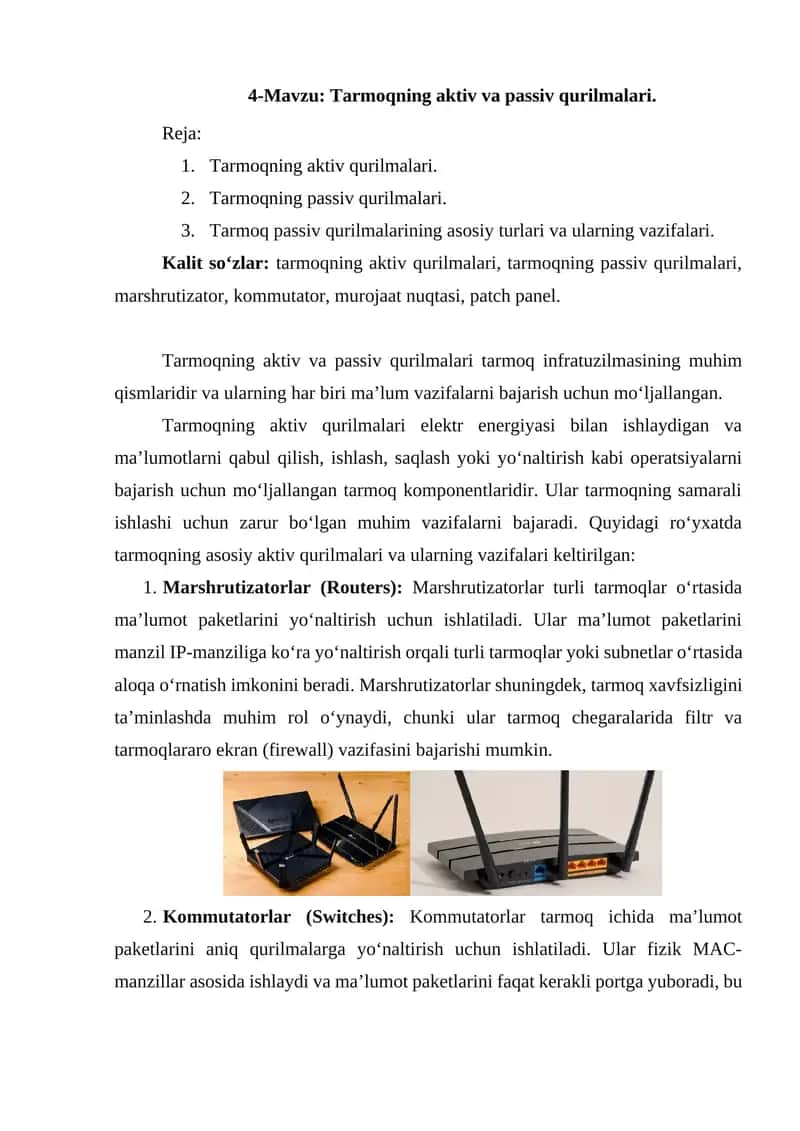 Tarmoqning aktiv va passiv qurilmalari