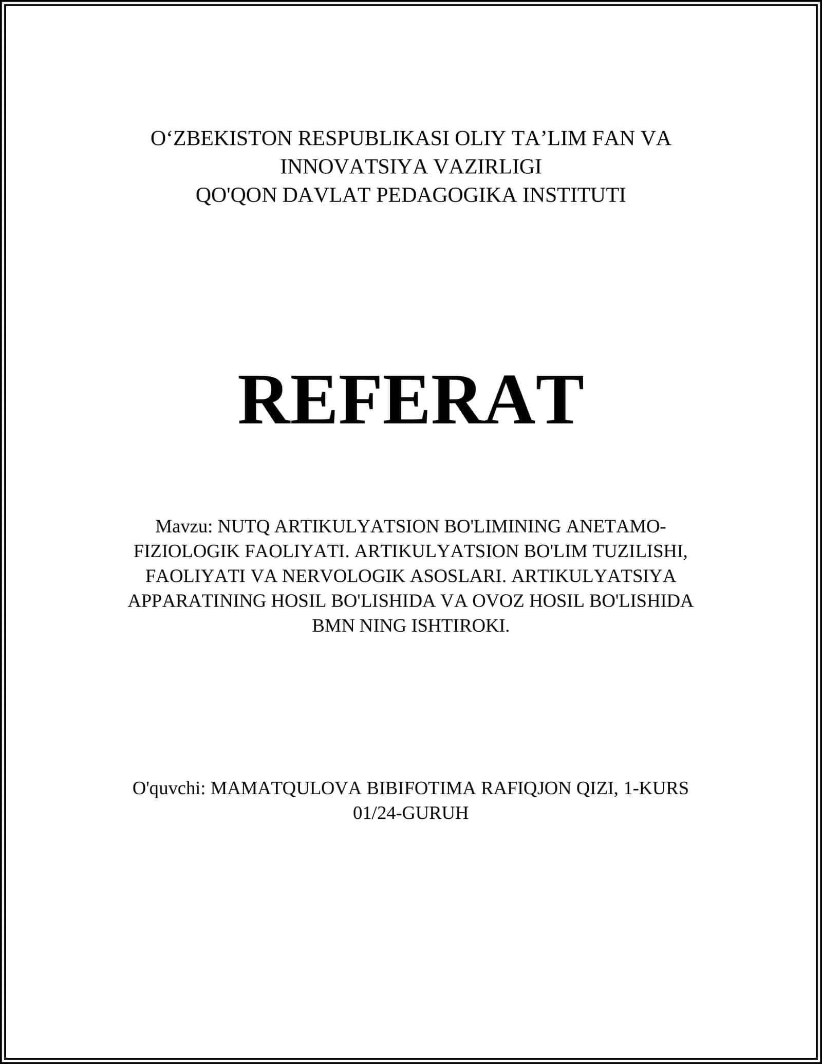 ARTIKULYATSION BO'LIMINING ANETAMO-FIZIOLOGIK FAOLIYATI