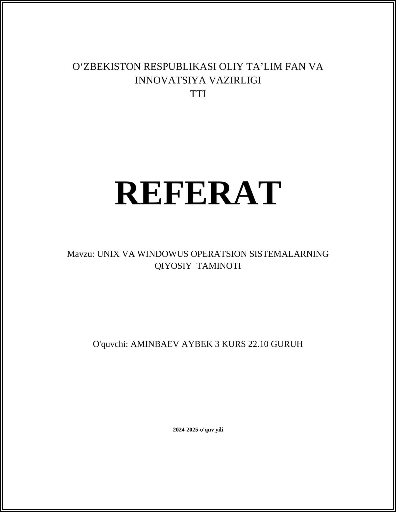 UNIX VA WINDOWUS OPERATSION SISTEMALARNING QIYOSIY TAMINOTI