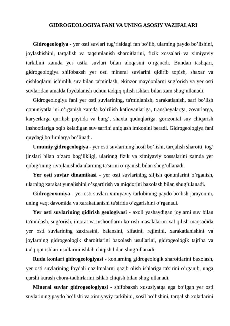Gidrogeologiya Fani VA UNING ASOSIY VAZIFALARI