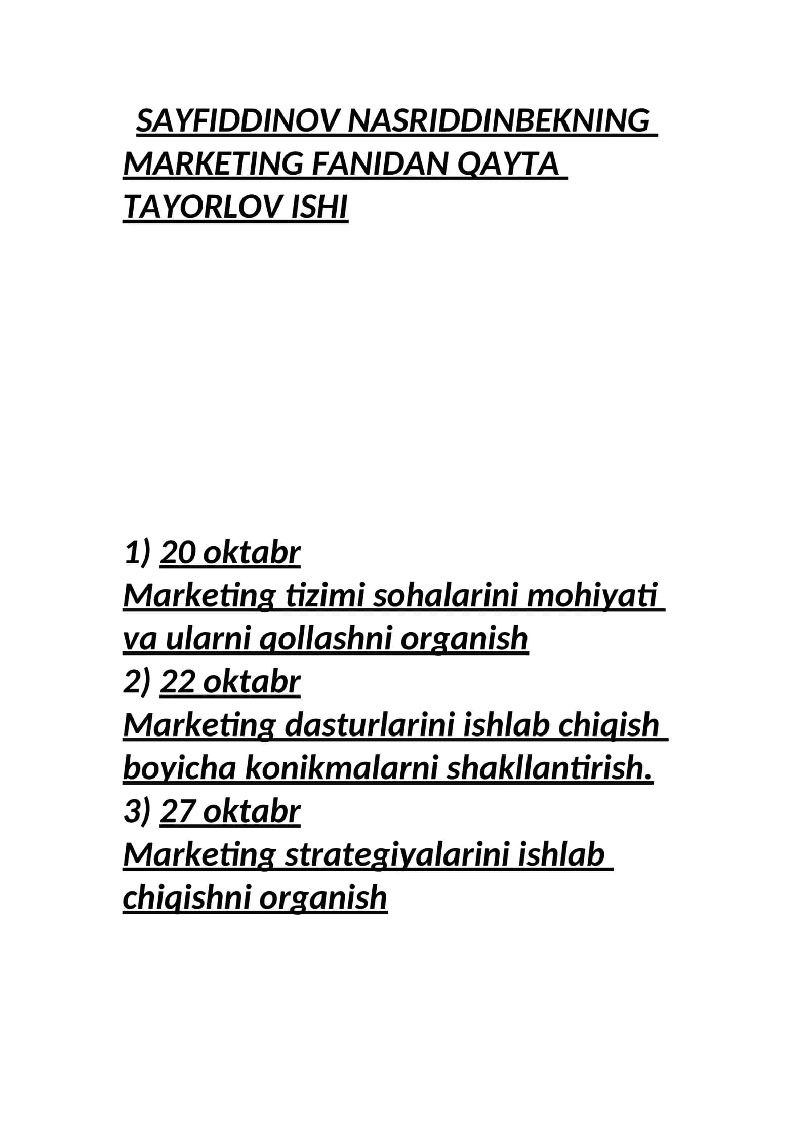 SAYFIDDINOV NASRIDDINBEKNING MARKETING FANIDAN QAYTA TAYORLOV ISHI
