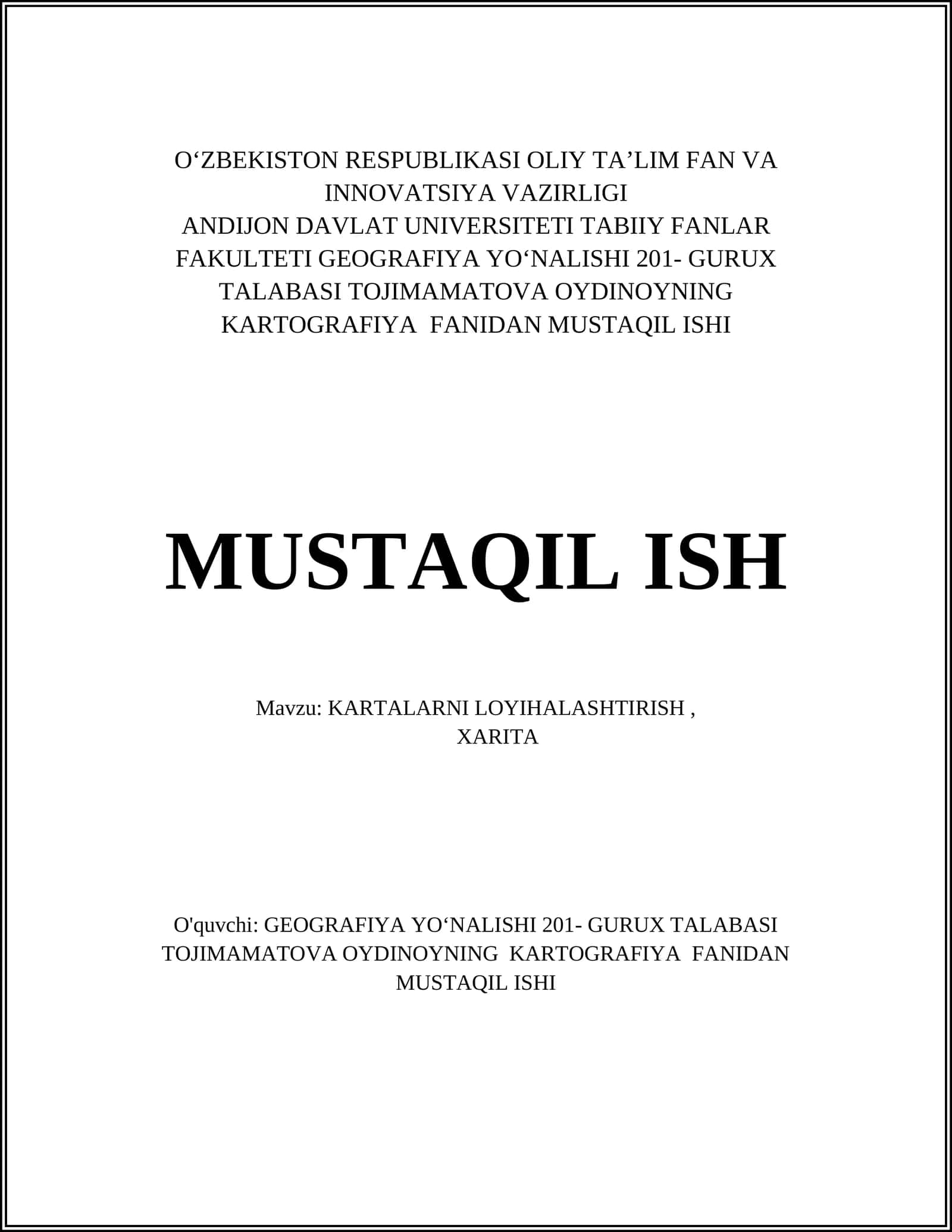 KARTALARNI LOYIHALASHTIRISH
