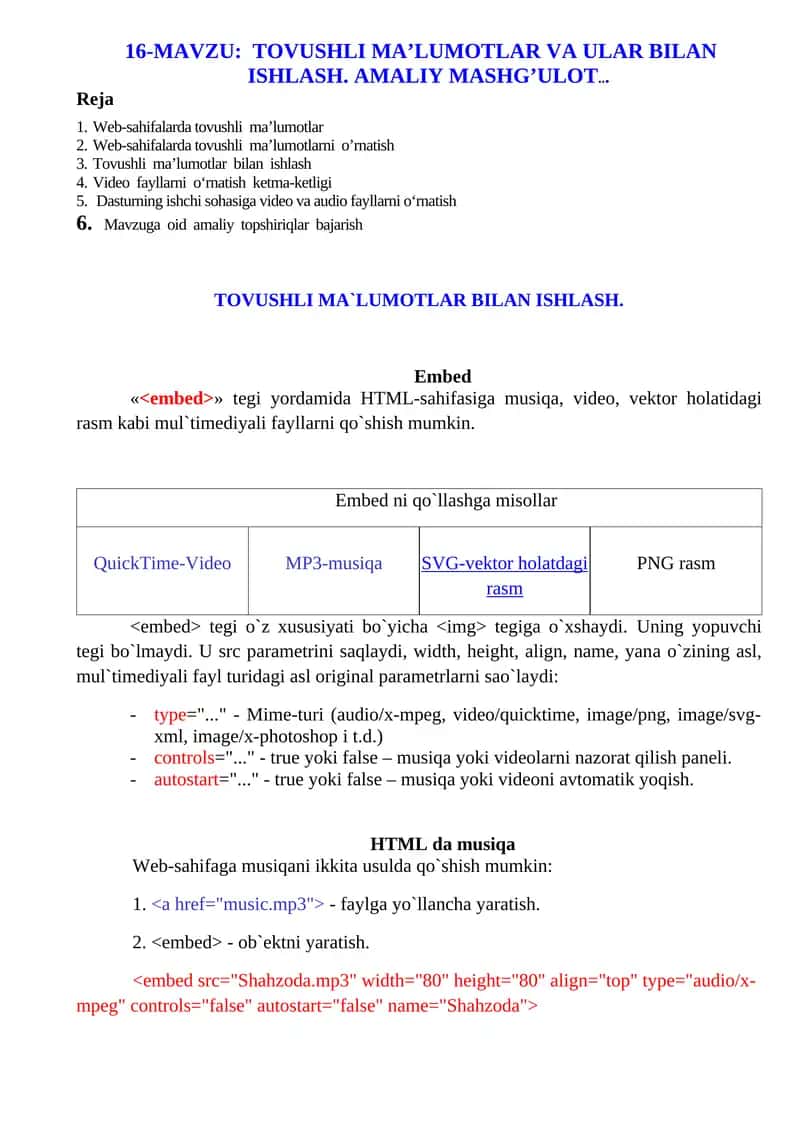 Tovushli ma’lumotlar va ular bilan ishlash