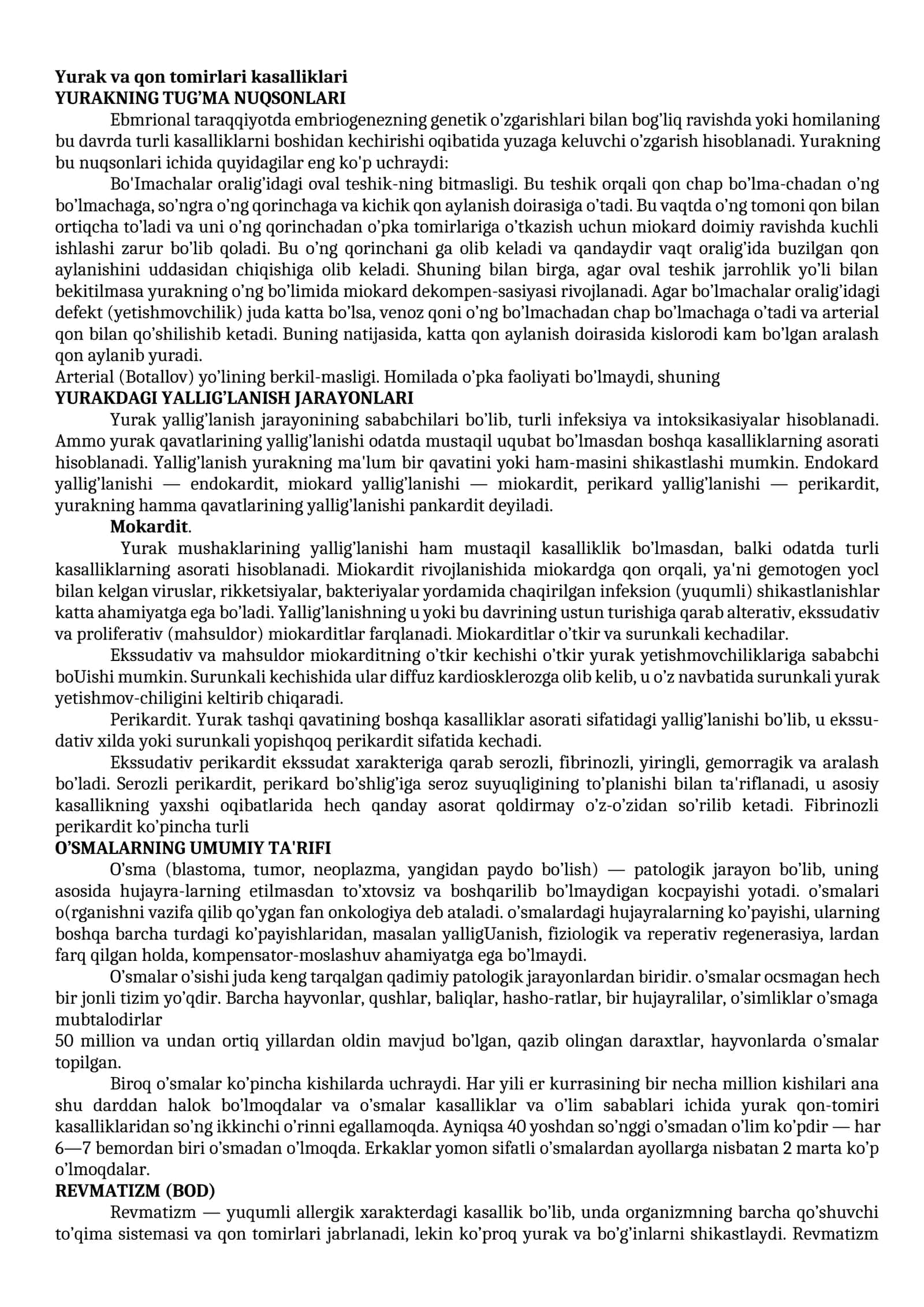 Yurak va qon tomirlari kasalliklari. YURAKNING TUG’MA NUQSONLARI